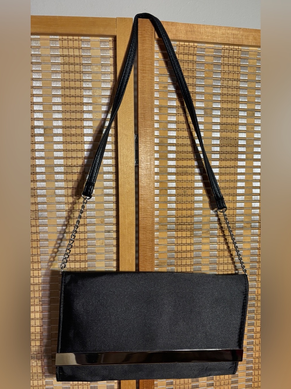 Classic Black Satin Evening Clutch with Silver Accent - Picture 2 of 12